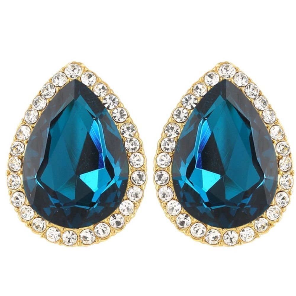 Yellow Gold with Aquamarine Blue Austrian Crystal Teardrop Stud Post Earrings
